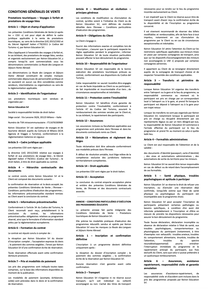 Conditions Générales de Vente – Prestations touristiques Voyages à forfait et prestations de voyage liées