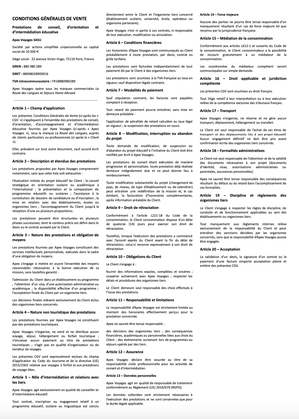 Conditions Générales de Vente – Prestations de conseil et d’accompagnement éducatif